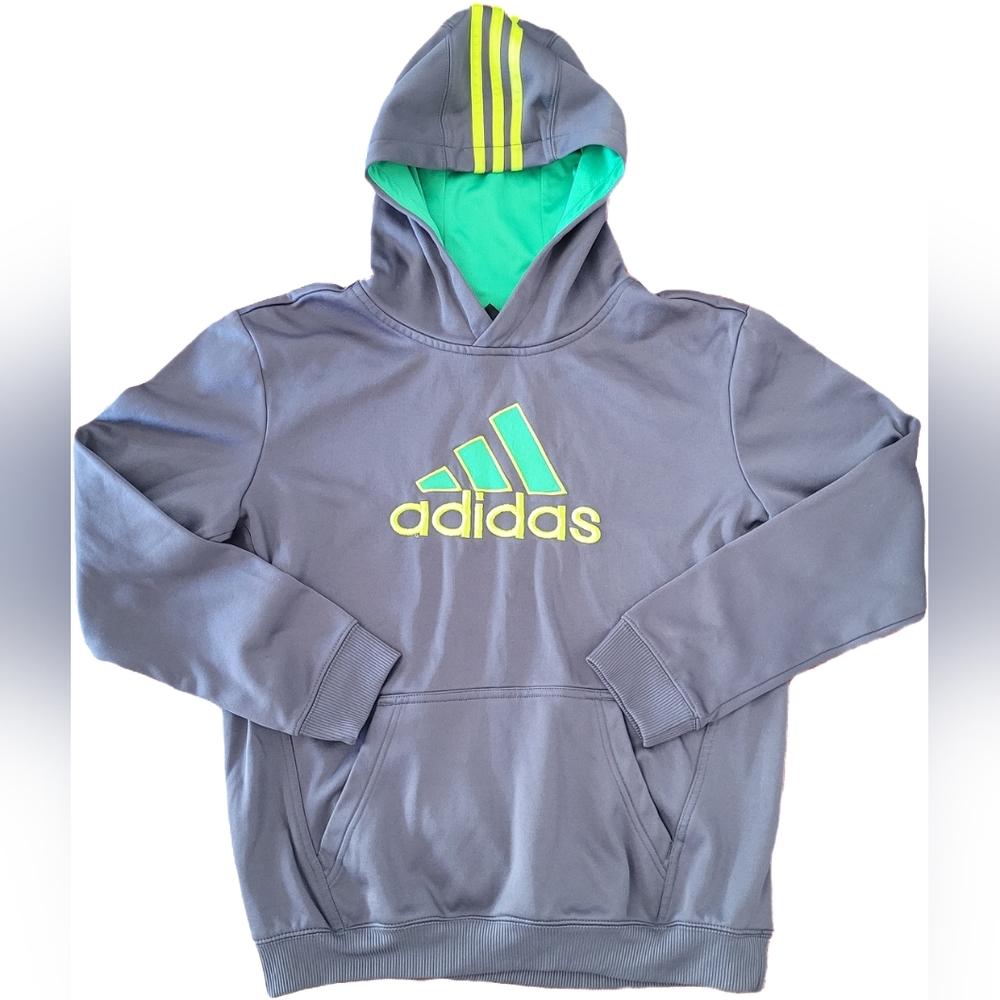 Adidas Youth Gray/Green Fleece Embroider Logo Pullover Hoodie - LG (14/16) - EUC